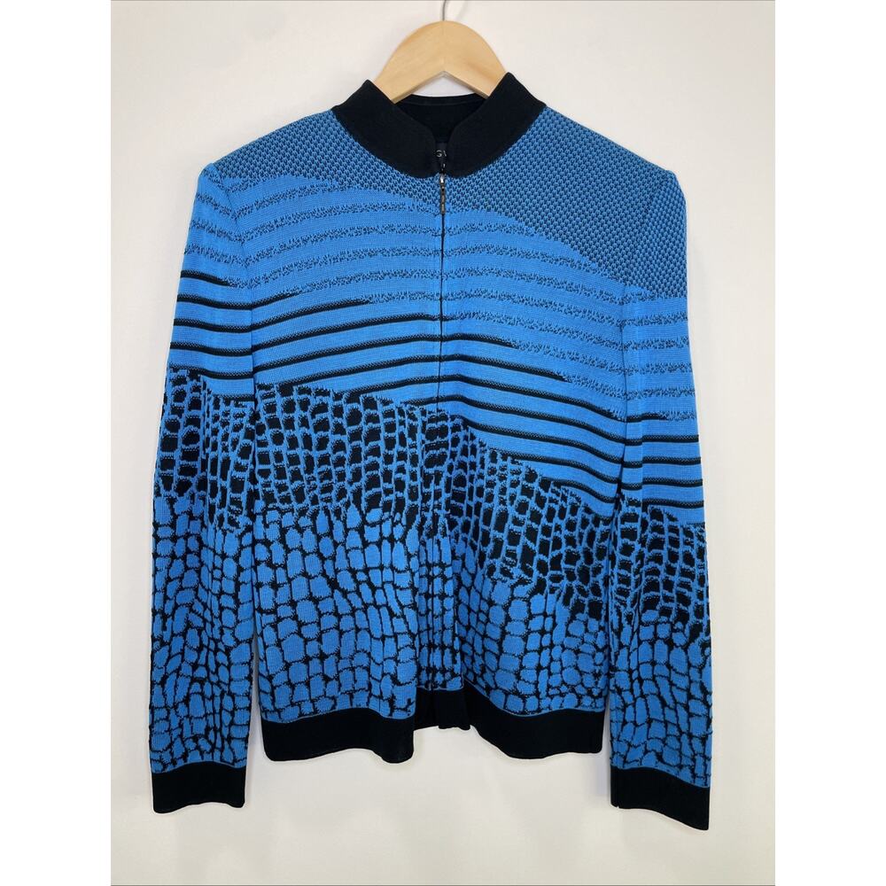 Ming Wang Textured Zip Cardigan Blazer Jacket Casual Business Sweater Blue M